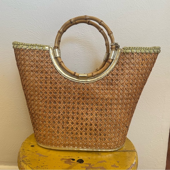 Lilly Pulitzer Grotto Cane Wicker Tote Purse Woven Natural Beach - Picture 8 of 12